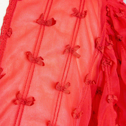1960s Peignoir Robe - Sheer Rose Red Nylon Chiffon with Puffed Sleeves & Ribbon Bow Detail