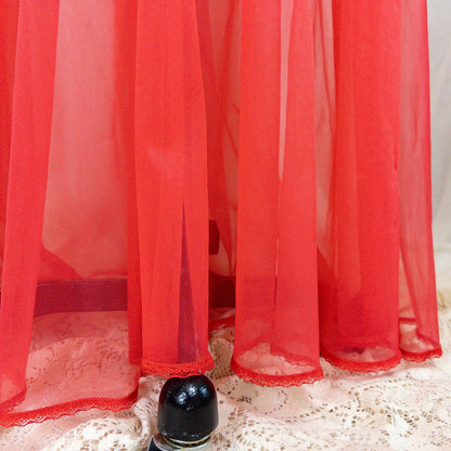 1960s Peignoir Robe - Sheer Rose Red Nylon Chiffon with Puffed Sleeves & Ribbon Bow Detail