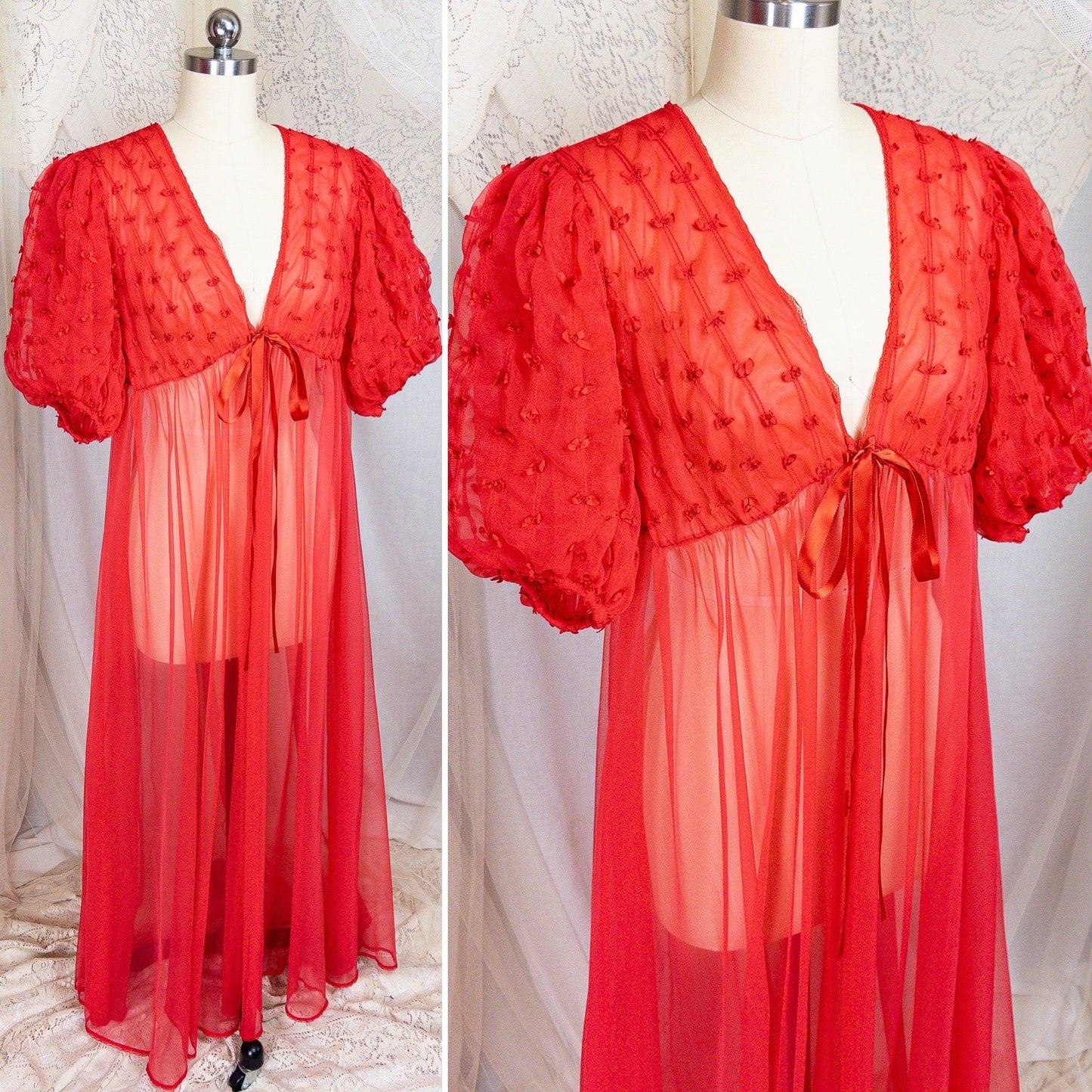 1960s Peignoir Robe - Sheer Rose Red Nylon Chiffon with Puffed Sleeves & Ribbon Bow Detail