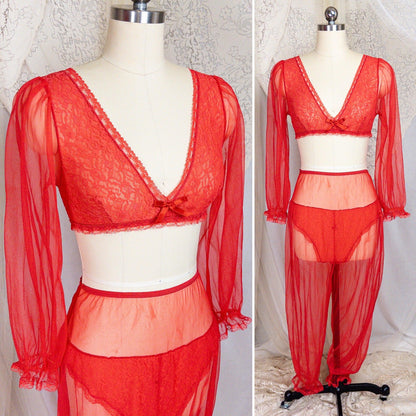 1960s Genie Lingerie Set - Sheer Candy Red Nylon with Lace Bodice & Harem Pants by Honeydreamers