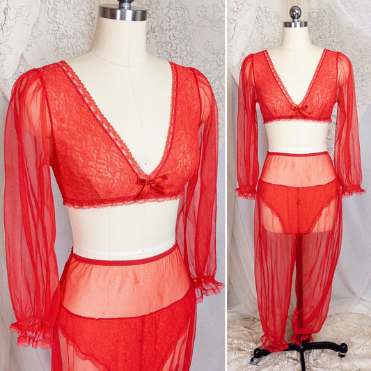 1960s Genie Lingerie Set - Sheer Candy Red Nylon with Lace Bodice & Harem Pants by Honeydreamers