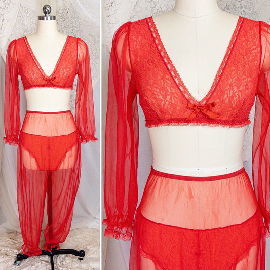 1960s Genie Lingerie Set - Sheer Candy Red Nylon with Lace Bodice & Harem Pants by Honeydreamers