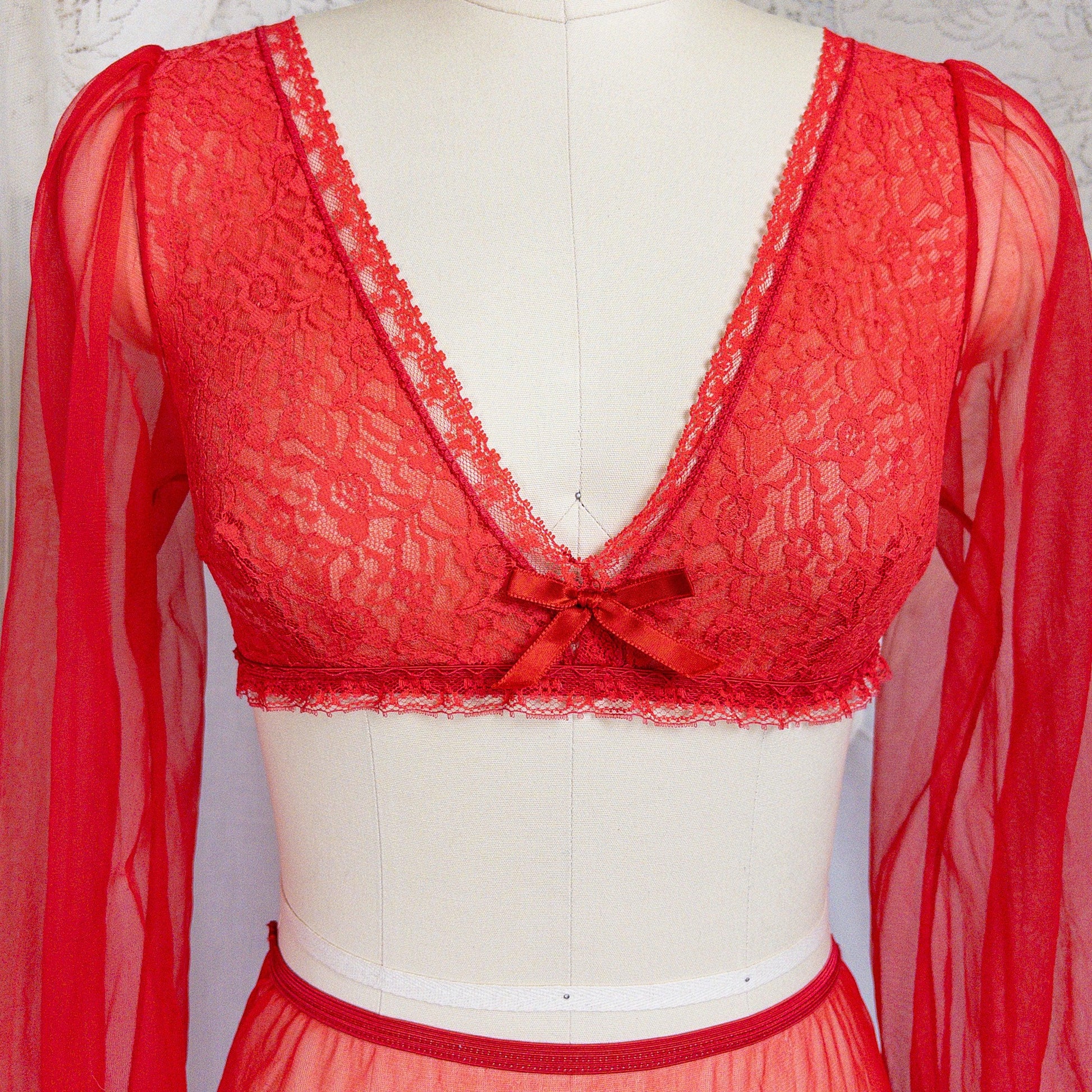 1960s Genie Lingerie Set - Sheer Candy Red Nylon with Lace Bodice & Harem Pants by Honeydreamers
