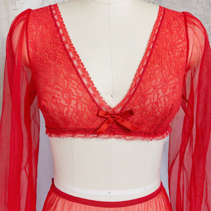 1960s Genie Lingerie Set - Sheer Candy Red Nylon with Lace Bodice & Harem Pants by Honeydreamers