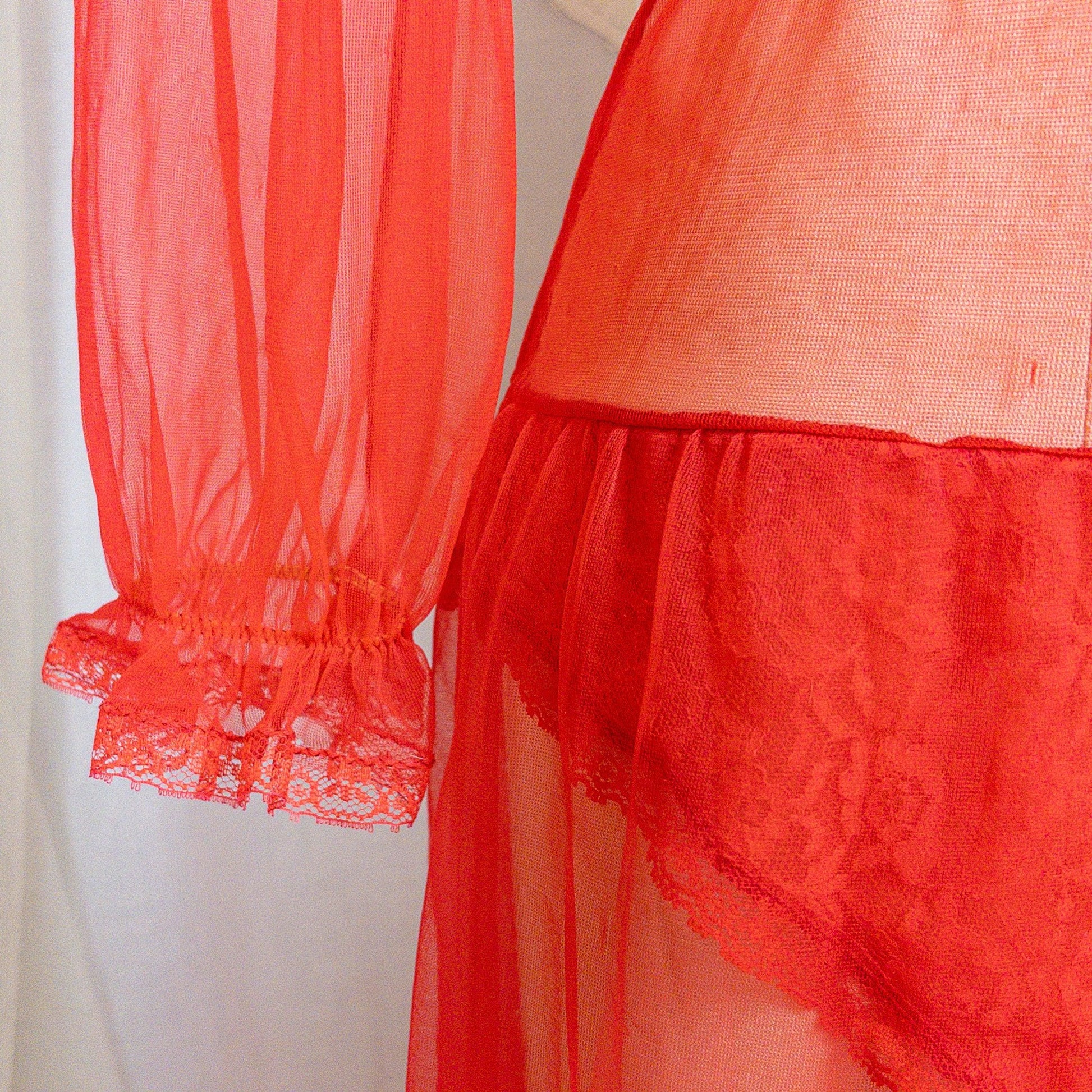 1960s Genie Lingerie Set - Sheer Candy Red Nylon with Lace Bodice & Harem Pants by Honeydreamers