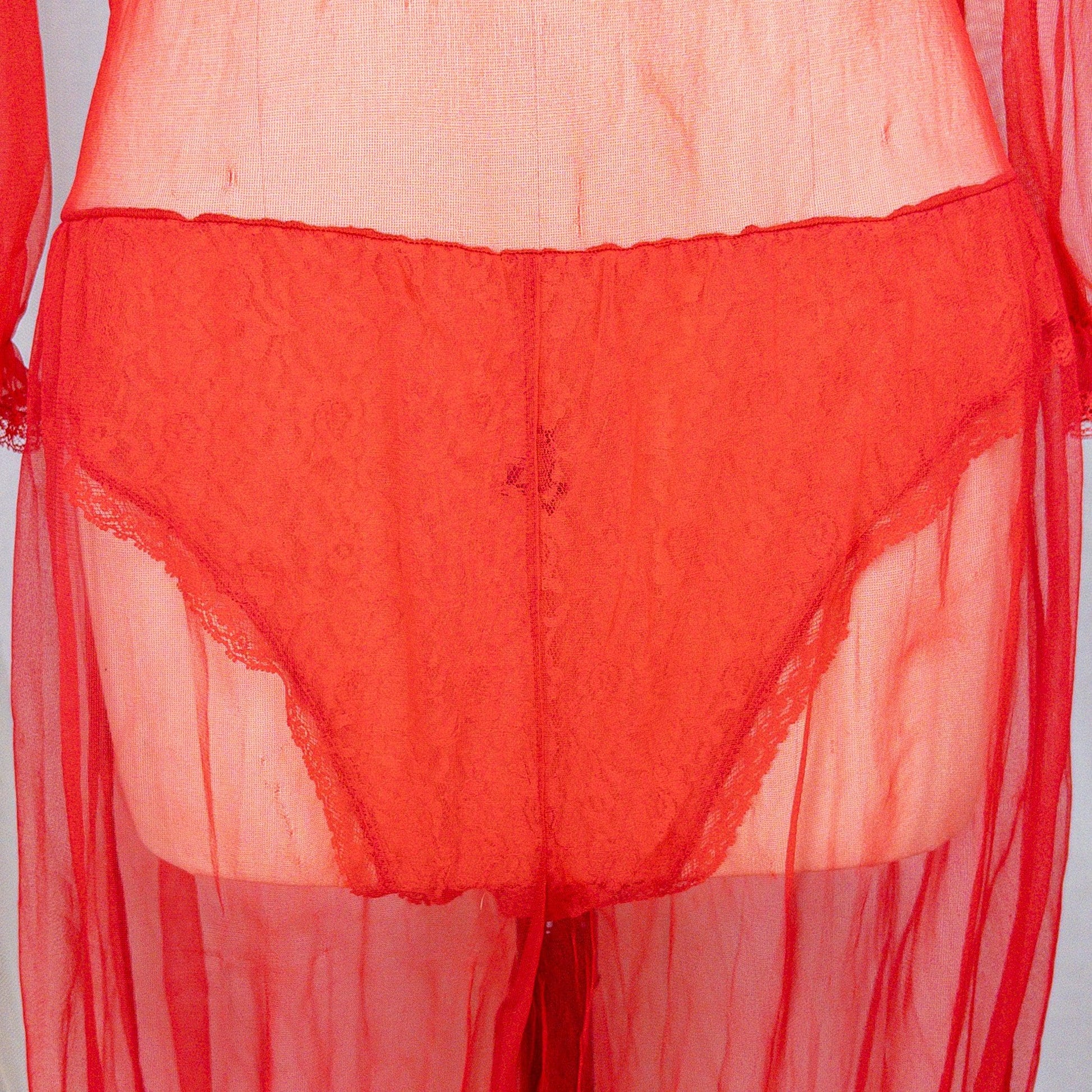 1960s Genie Lingerie Set - Sheer Candy Red Nylon with Lace Bodice & Harem Pants by Honeydreamers