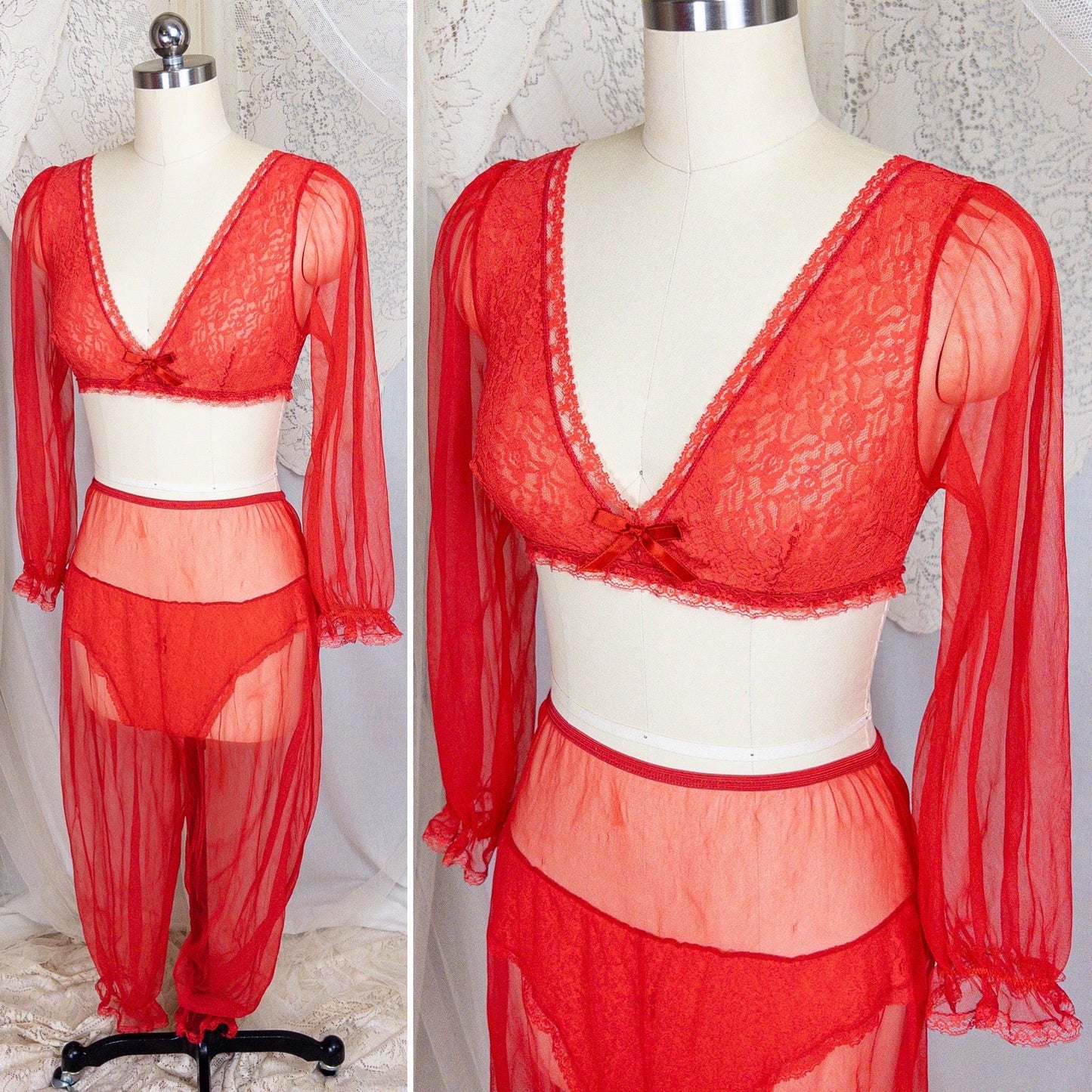 1960s Genie Lingerie Set - Sheer Candy Red Nylon with Lace Bodice & Harem Pants by Honeydreamers