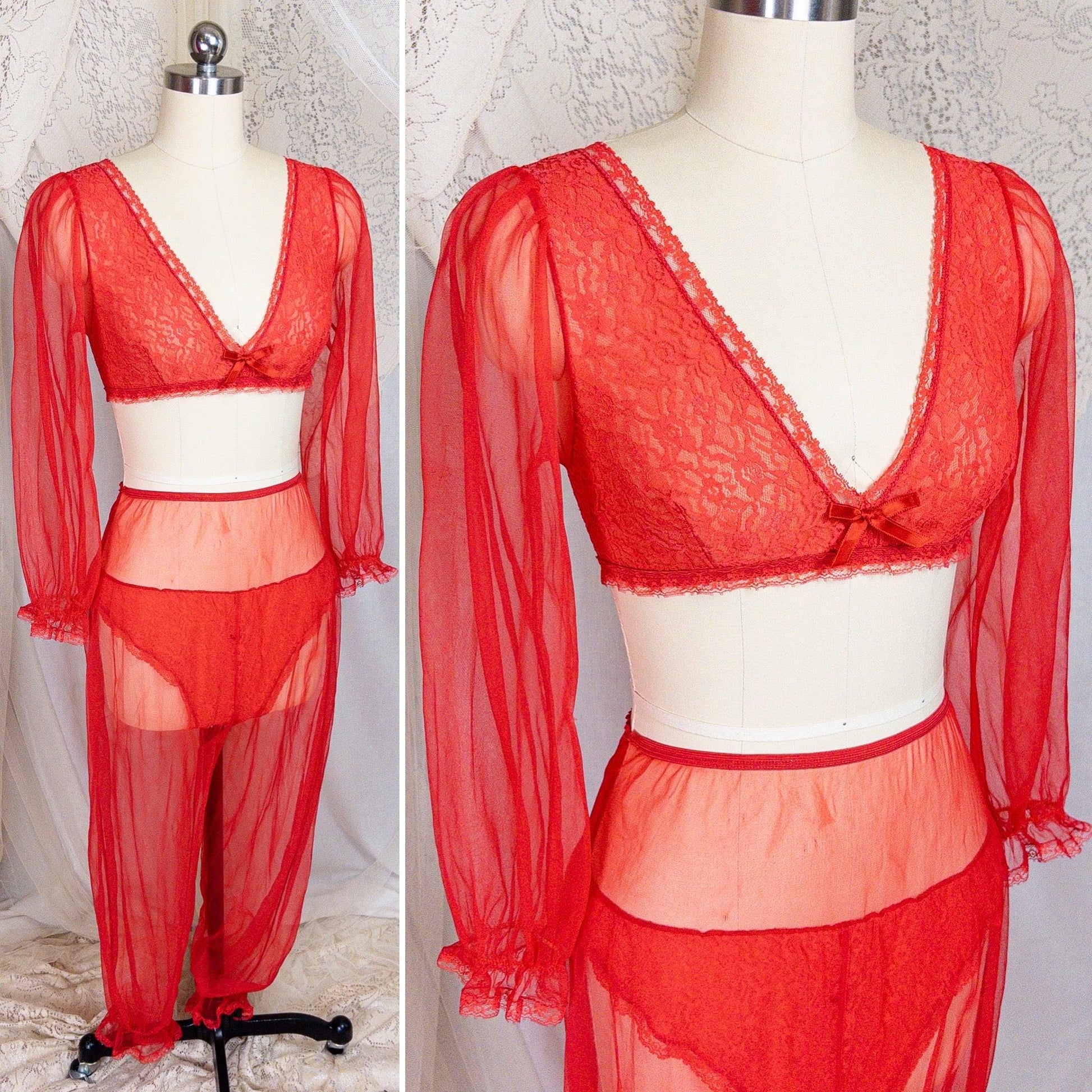 1960s Genie Lingerie Set - Sheer Candy Red Nylon with Lace Bodice & Harem Pants by Honeydreamers