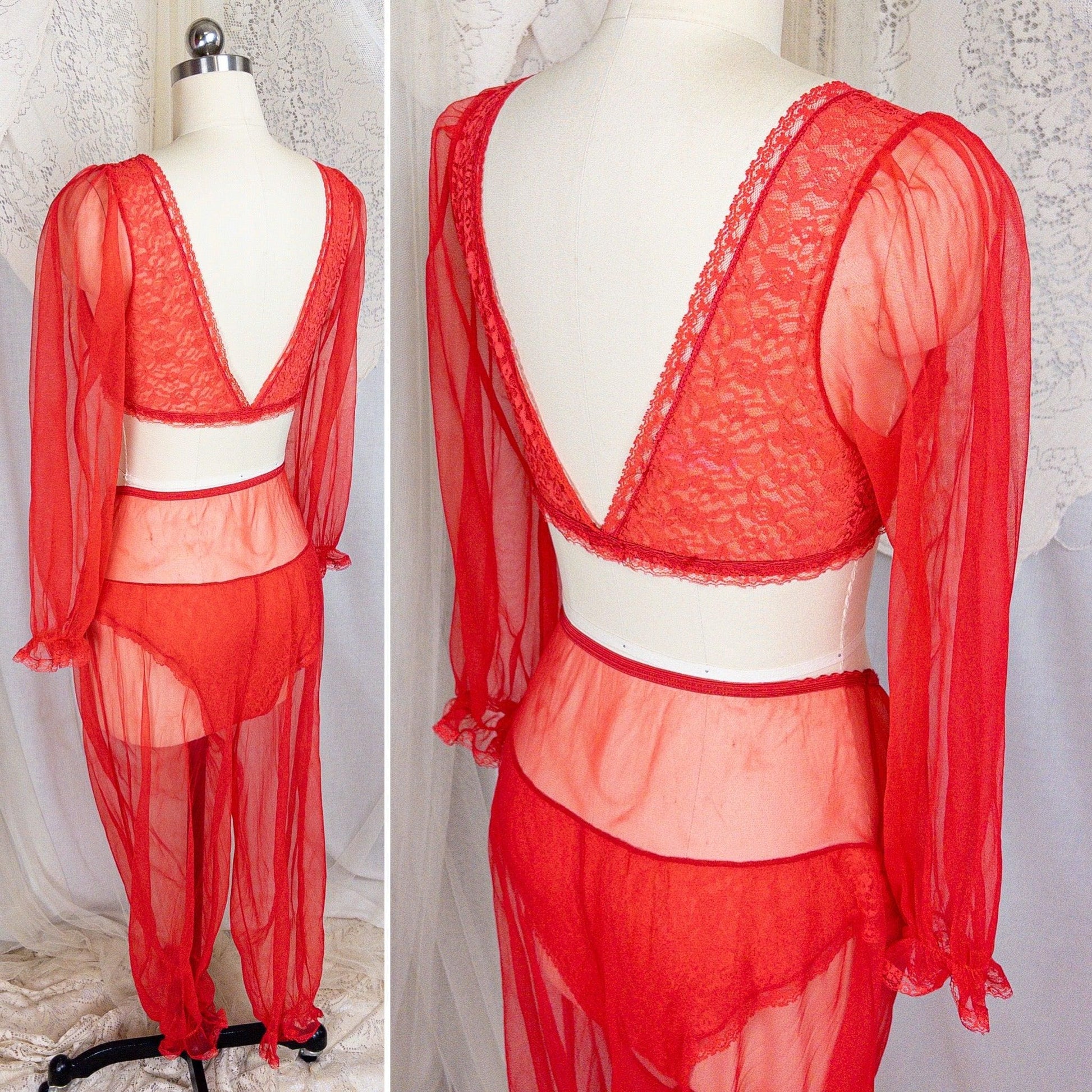 1960s Genie Lingerie Set - Sheer Candy Red Nylon with Lace Bodice & Harem Pants by Honeydreamers