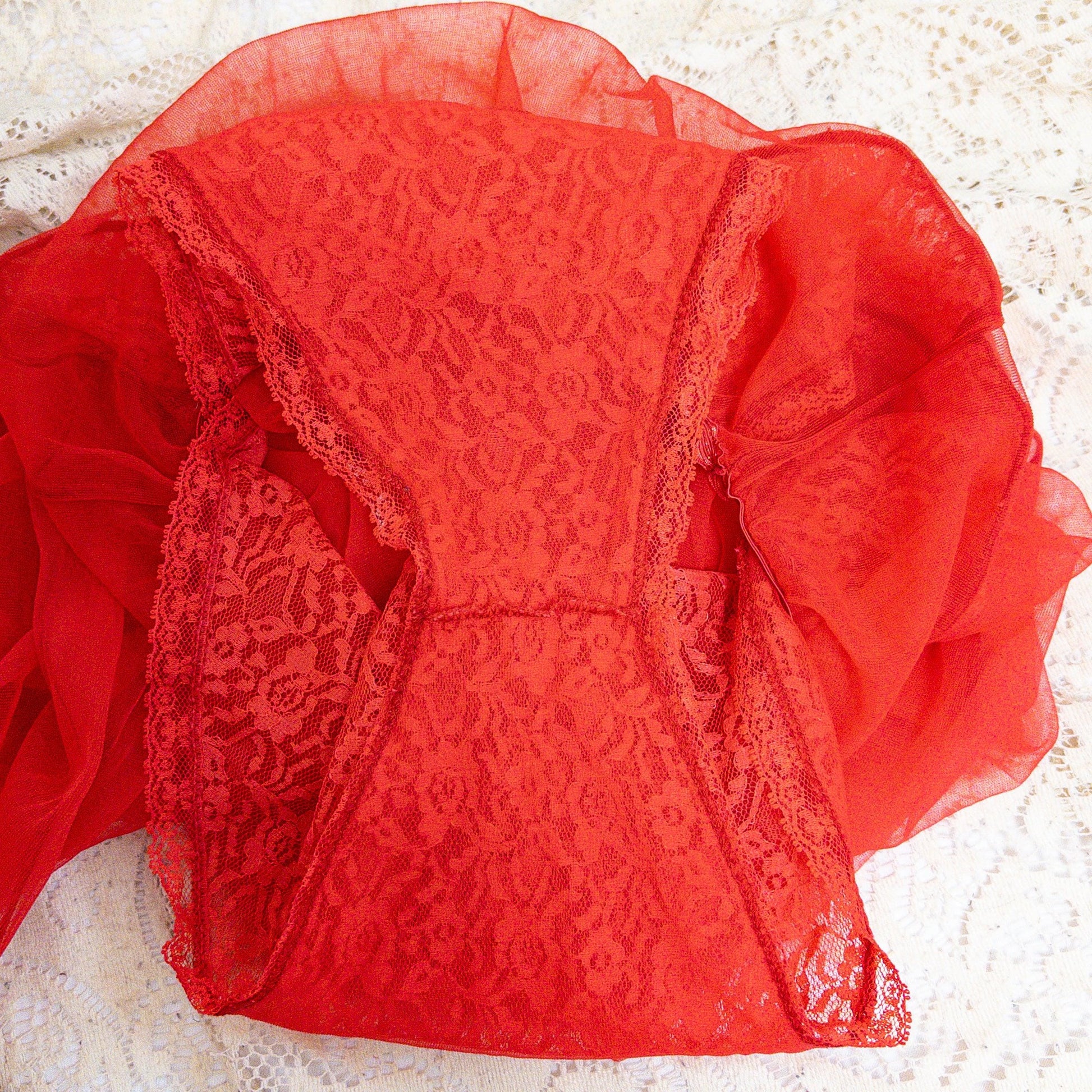 1960s Genie Lingerie Set - Sheer Candy Red Nylon with Lace Bodice & Harem Pants by Honeydreamers