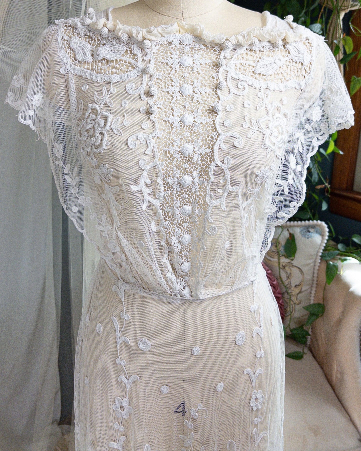 1910s Edwardian Wedding Dress - White Cotton Mixed Lace with Floral Embroidery | Small, Medium