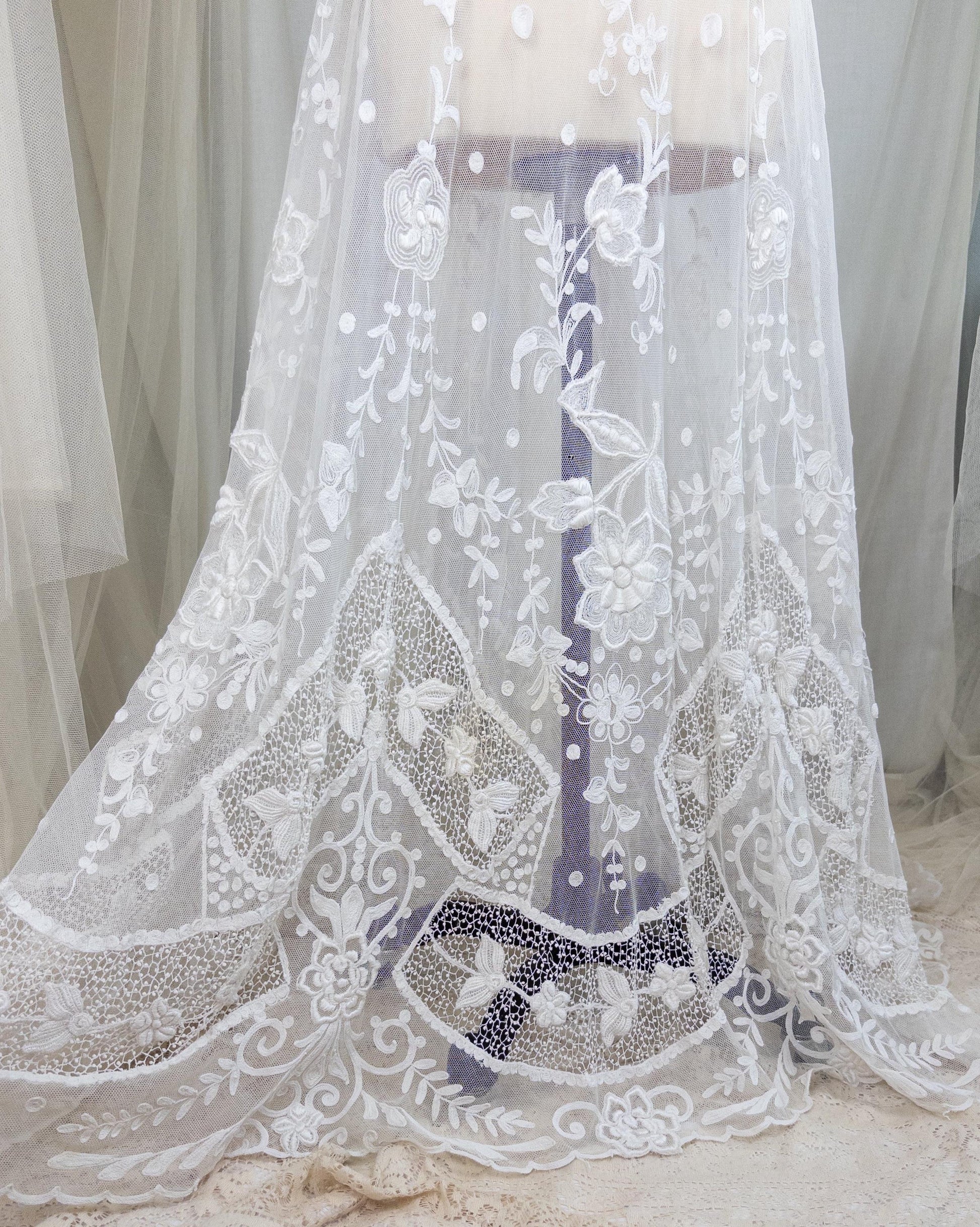 1910s Edwardian Wedding Dress - White Cotton Mixed Lace with Floral Embroidery | Small, Medium