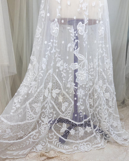 1910s Edwardian Wedding Dress - White Cotton Mixed Lace with Floral Embroidery | Small, Medium