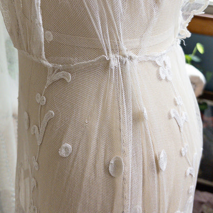 1910s Edwardian Wedding Dress - White Cotton Mixed Lace with Floral Embroidery | Small, Medium