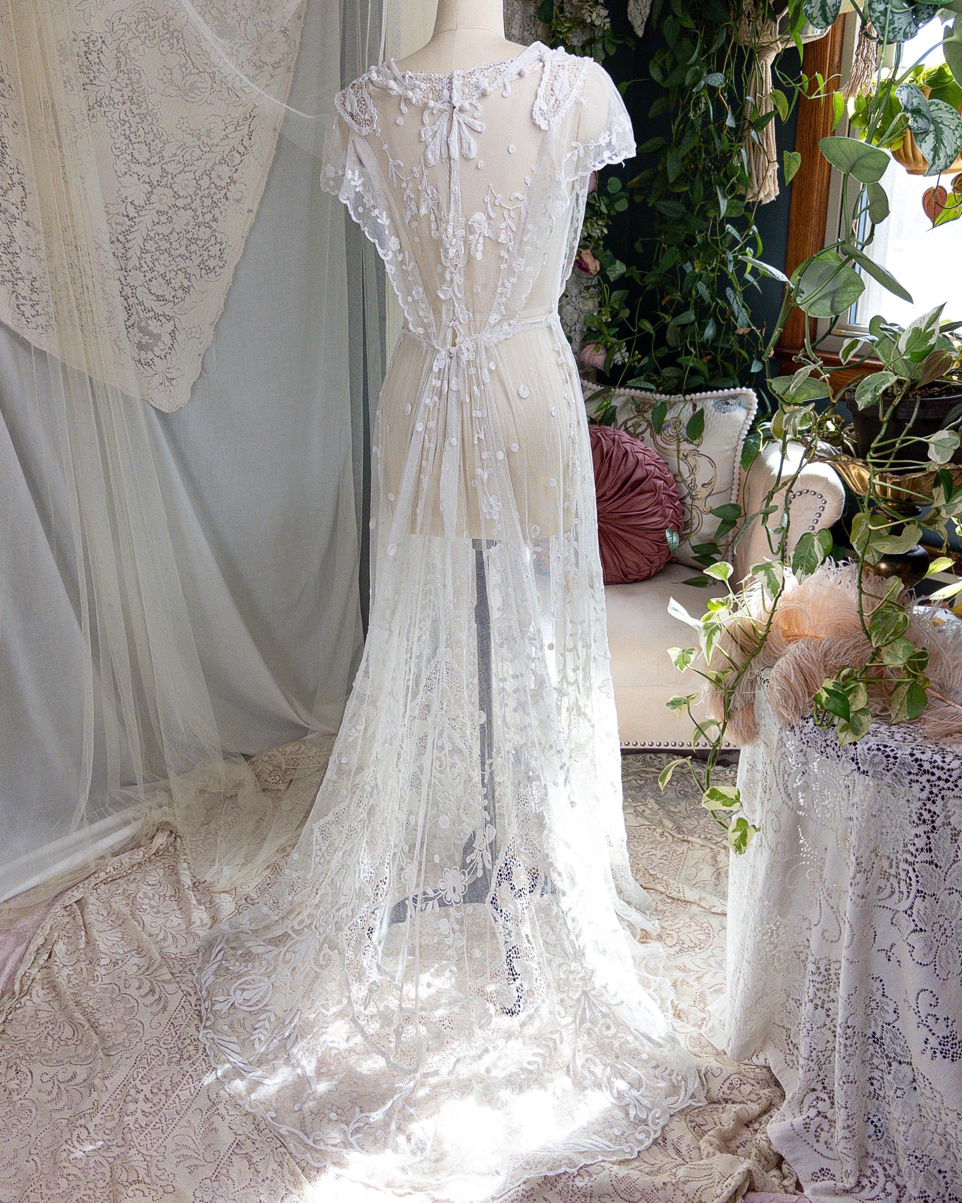 Antique 1910s Edwardian Wedding Dress - White Cotton Mixed Lace with Floral Embroidery