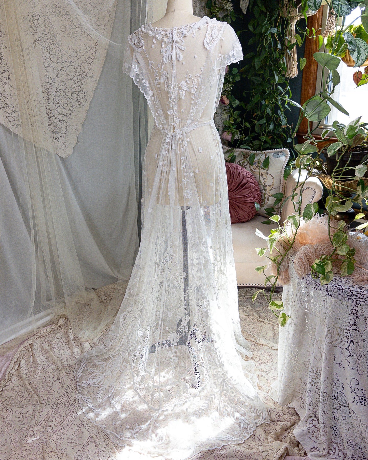 1910s Edwardian Wedding Dress - White Cotton Mixed Lace with Floral Embroidery | Small, Medium