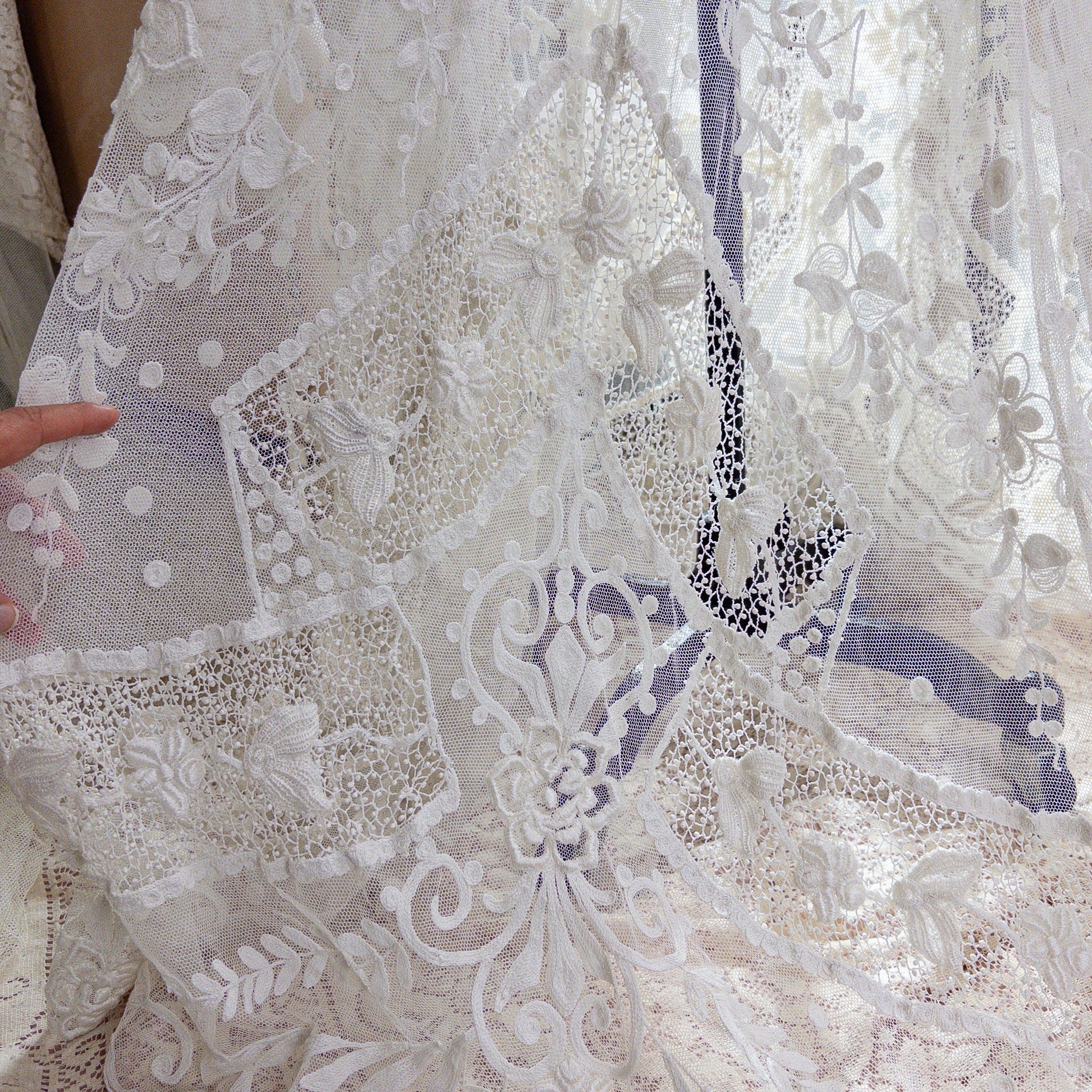1910s Edwardian Wedding Dress - White Cotton Mixed Lace with Floral Embroidery | Small, Medium