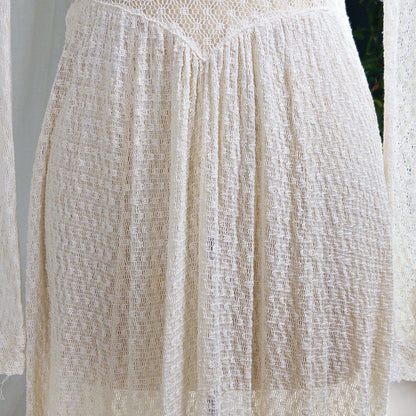 1930's - 1940's Wedding Dress - Long Sleeved Ivory Cotton Crochet with Satin Buttons | XS, Small