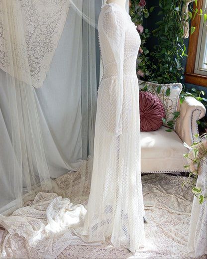 1930's - 1940's Wedding Dress - Long Sleeved Ivory Cotton Crochet with Satin Buttons | XS, Small