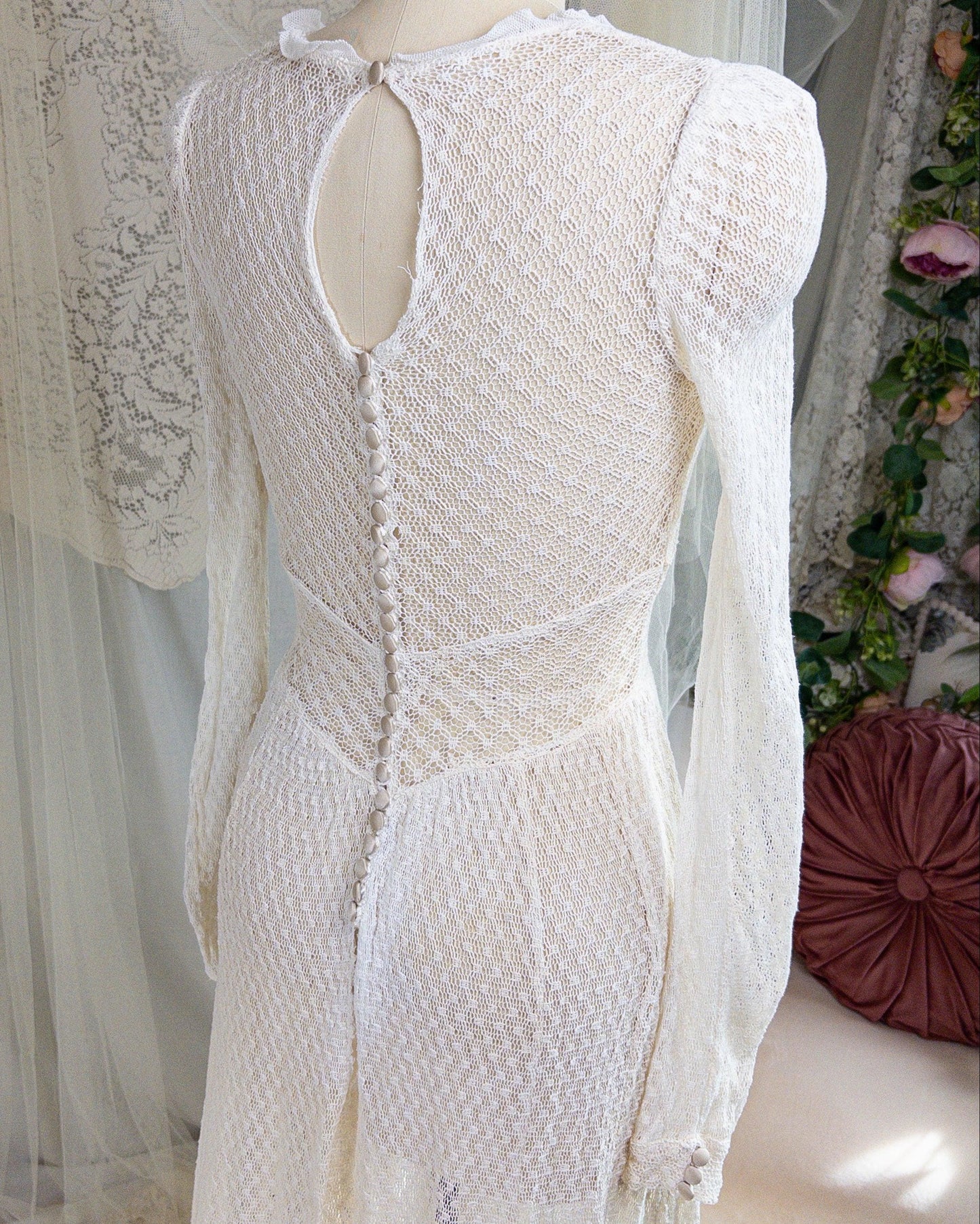 1930's - 1940's Wedding Dress - Long Sleeved Ivory Cotton Crochet with Satin Buttons | XS, Small