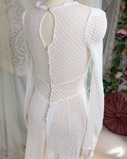 1930's - 1940's Wedding Dress - Long Sleeved Ivory Cotton Crochet with Satin Buttons | XS, Small