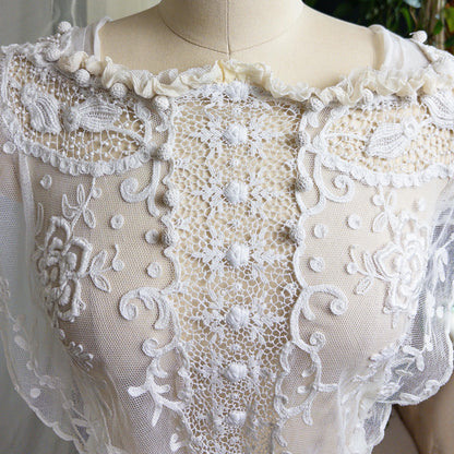 1910s Edwardian Wedding Dress - White Cotton Mixed Lace with Floral Embroidery | Small, Medium