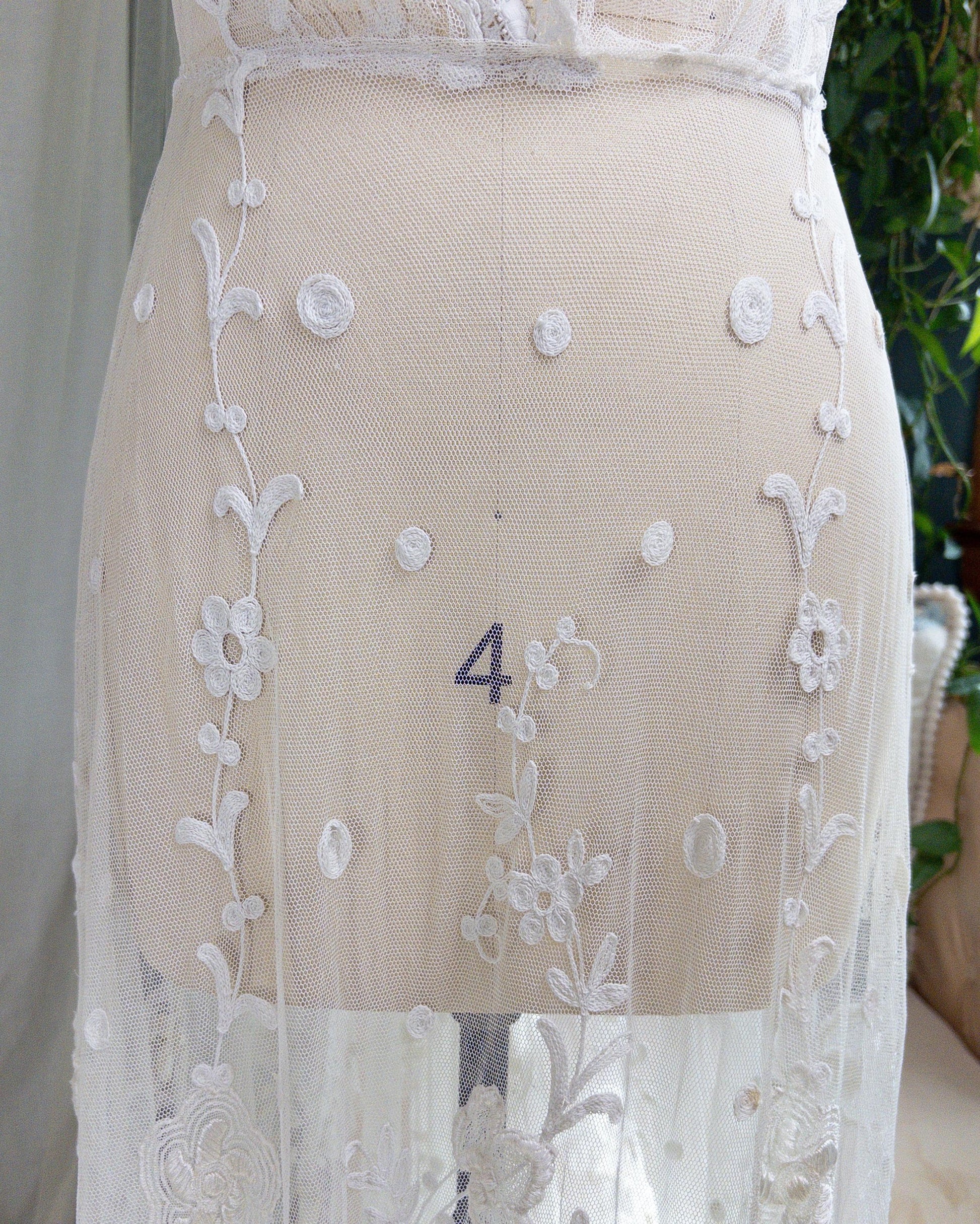 1910s Edwardian Wedding Dress - White Cotton Mixed Lace with Floral Embroidery | Small, Medium