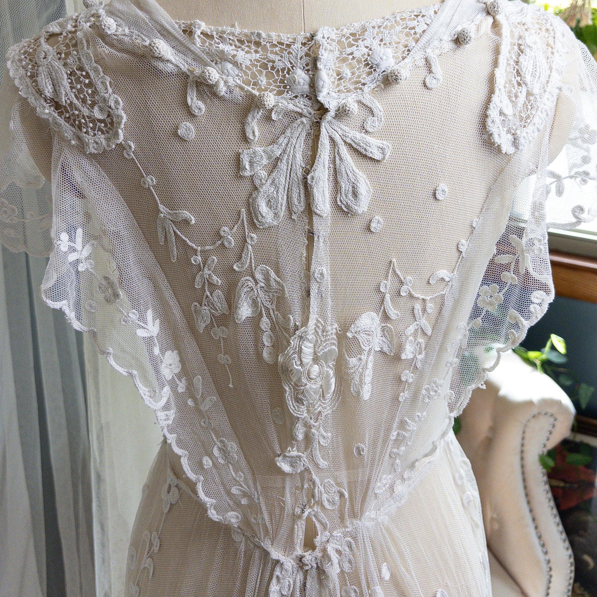 1910s Edwardian Wedding Dress - White Cotton Mixed Lace with Floral Embroidery | Small, Medium