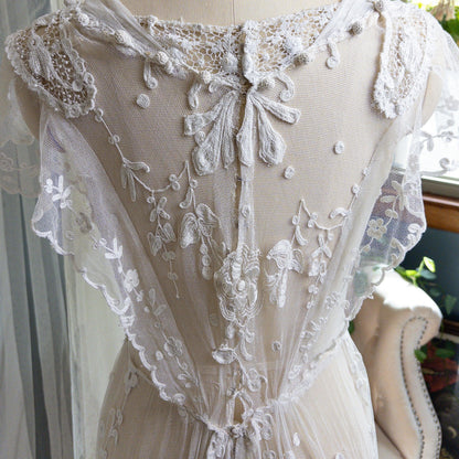 1910s Edwardian Wedding Dress - White Cotton Mixed Lace with Floral Embroidery | Small, Medium