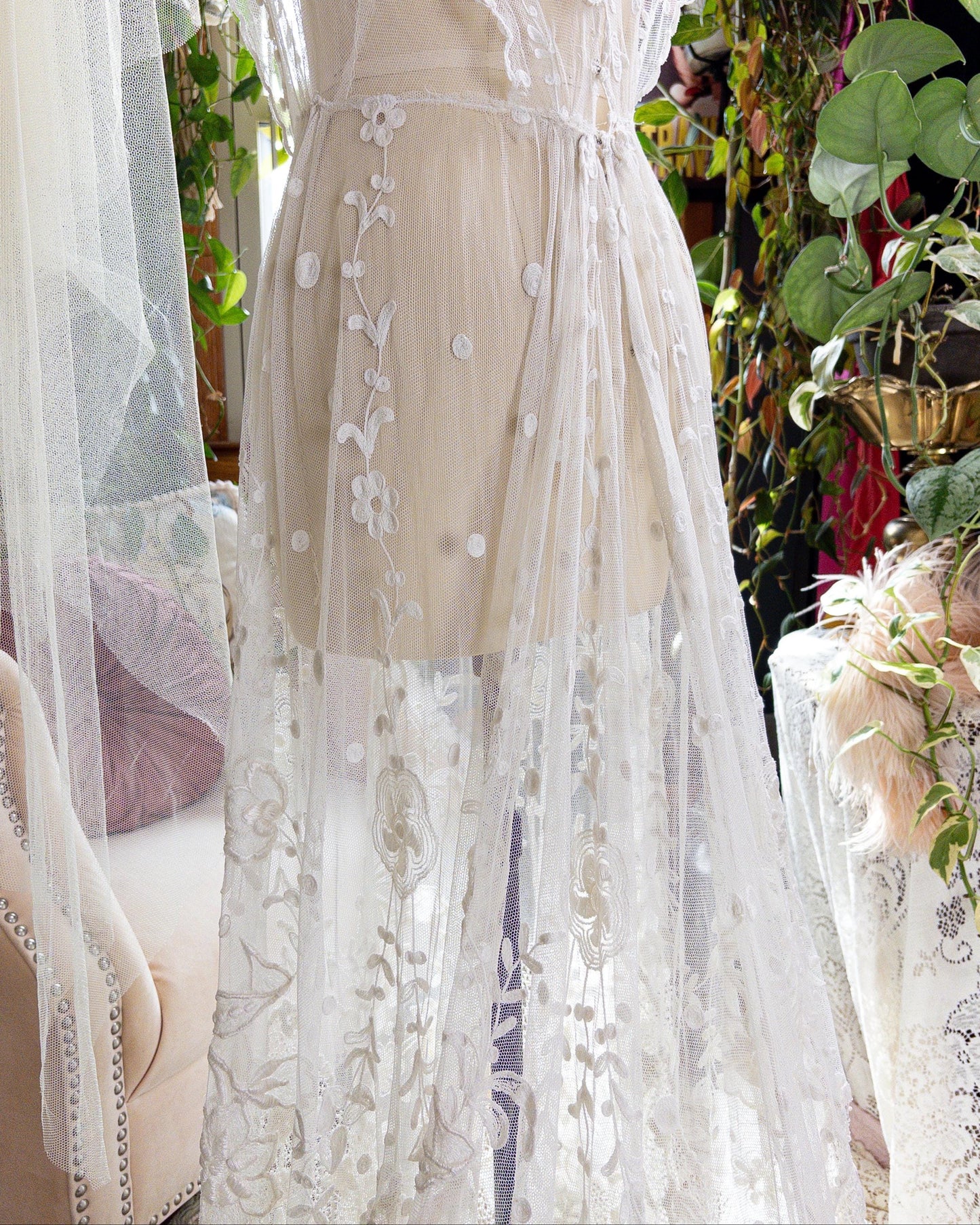1910s Edwardian Wedding Dress - White Cotton Mixed Lace with Floral Embroidery | Small, Medium
