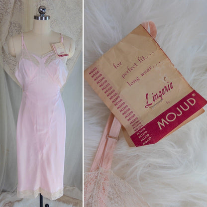 1940's Slip - Rose Pink Rayon with Diamond Insert & Nude Lace by Mojud, New with Tags | XXS, XS