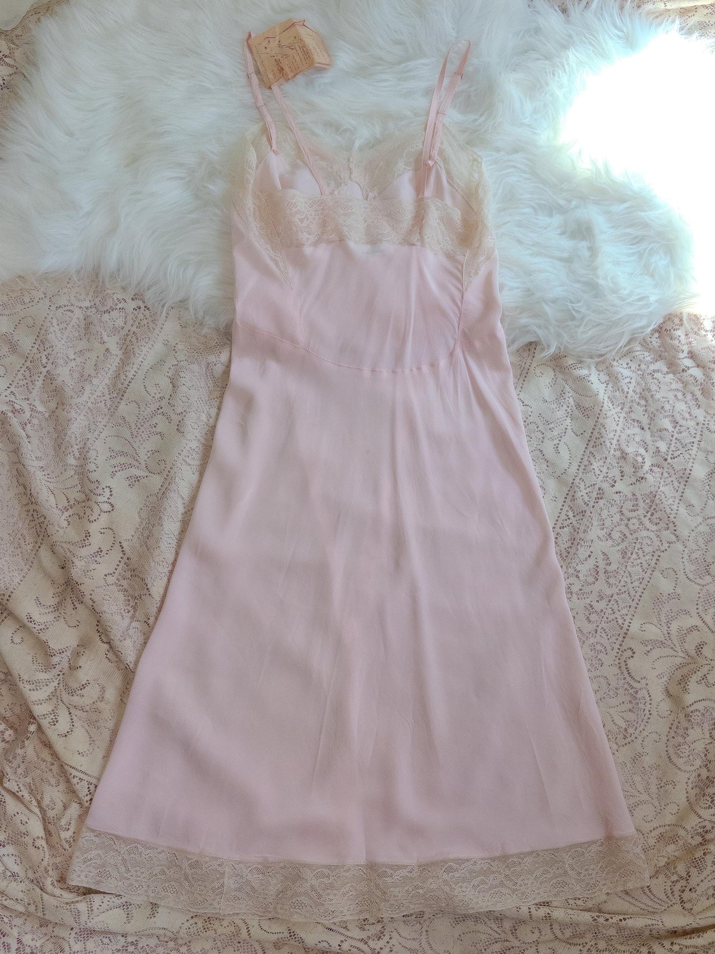 1940's Slip - Rose Pink Rayon with Diamond Insert & Nude Lace by Mojud, New with Tags | XXS, XS