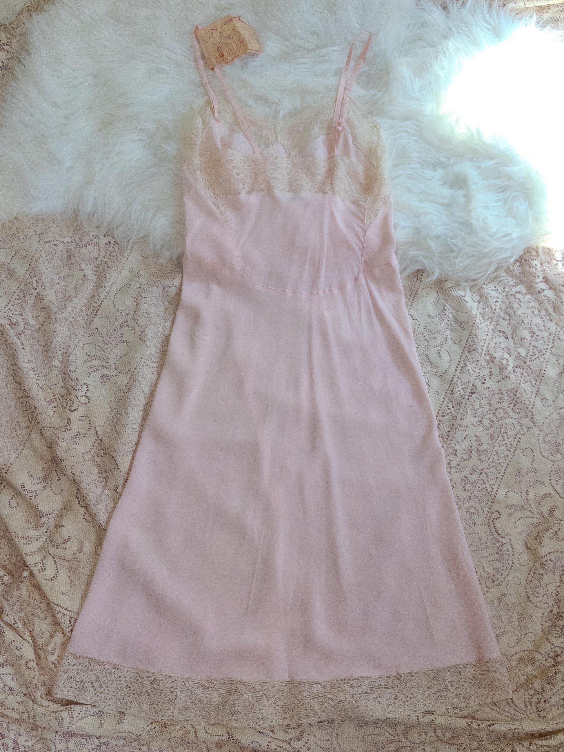 1940's Slip - Rose Pink Rayon with Diamond Insert & Nude Lace by Mojud, New with Tags | XXS, XS