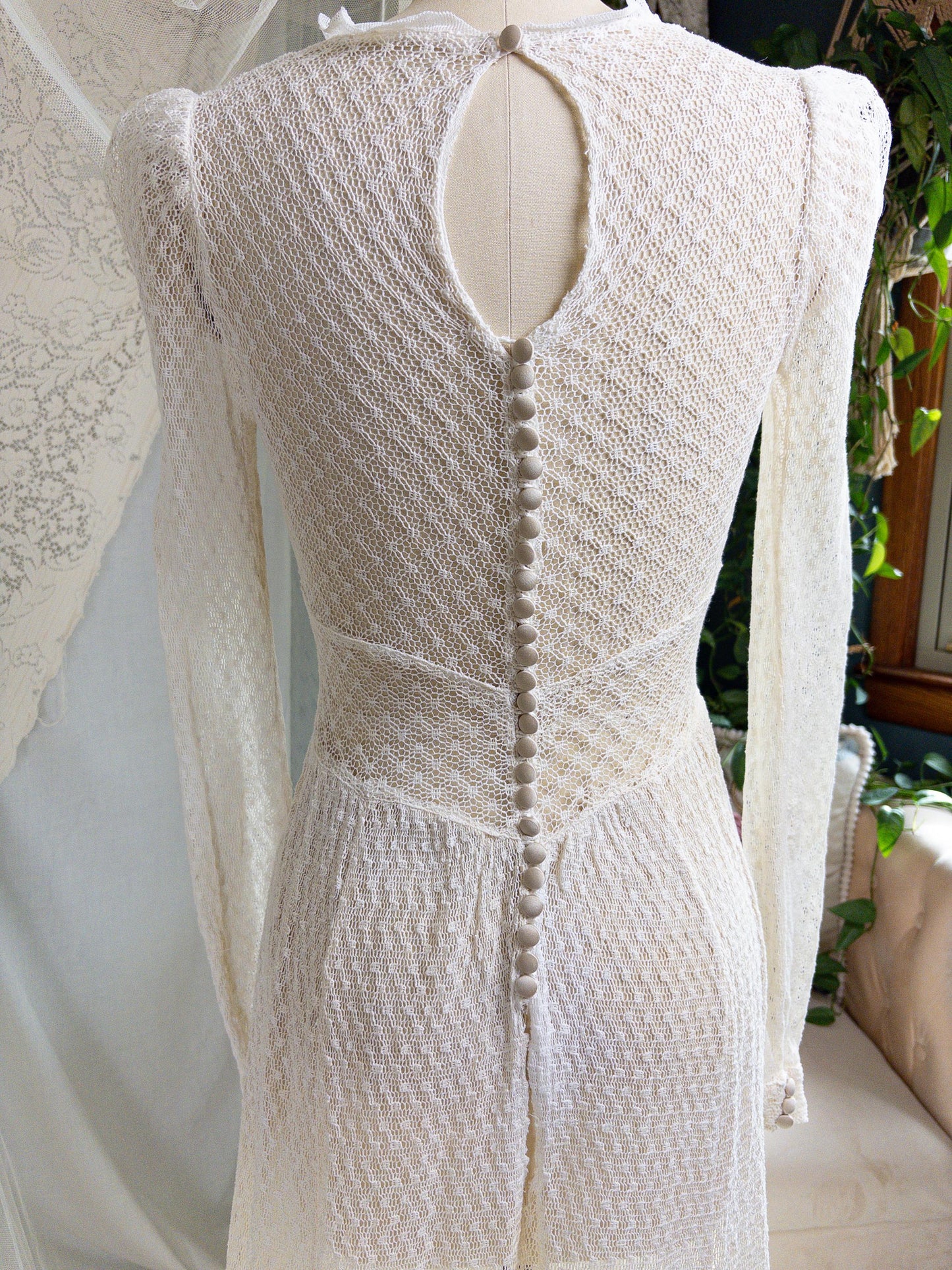 Vintage 1930's - 1940's Wedding Dress - Long Sleeved Ivory Cotton Crochet with Satin Buttons | XS, Small