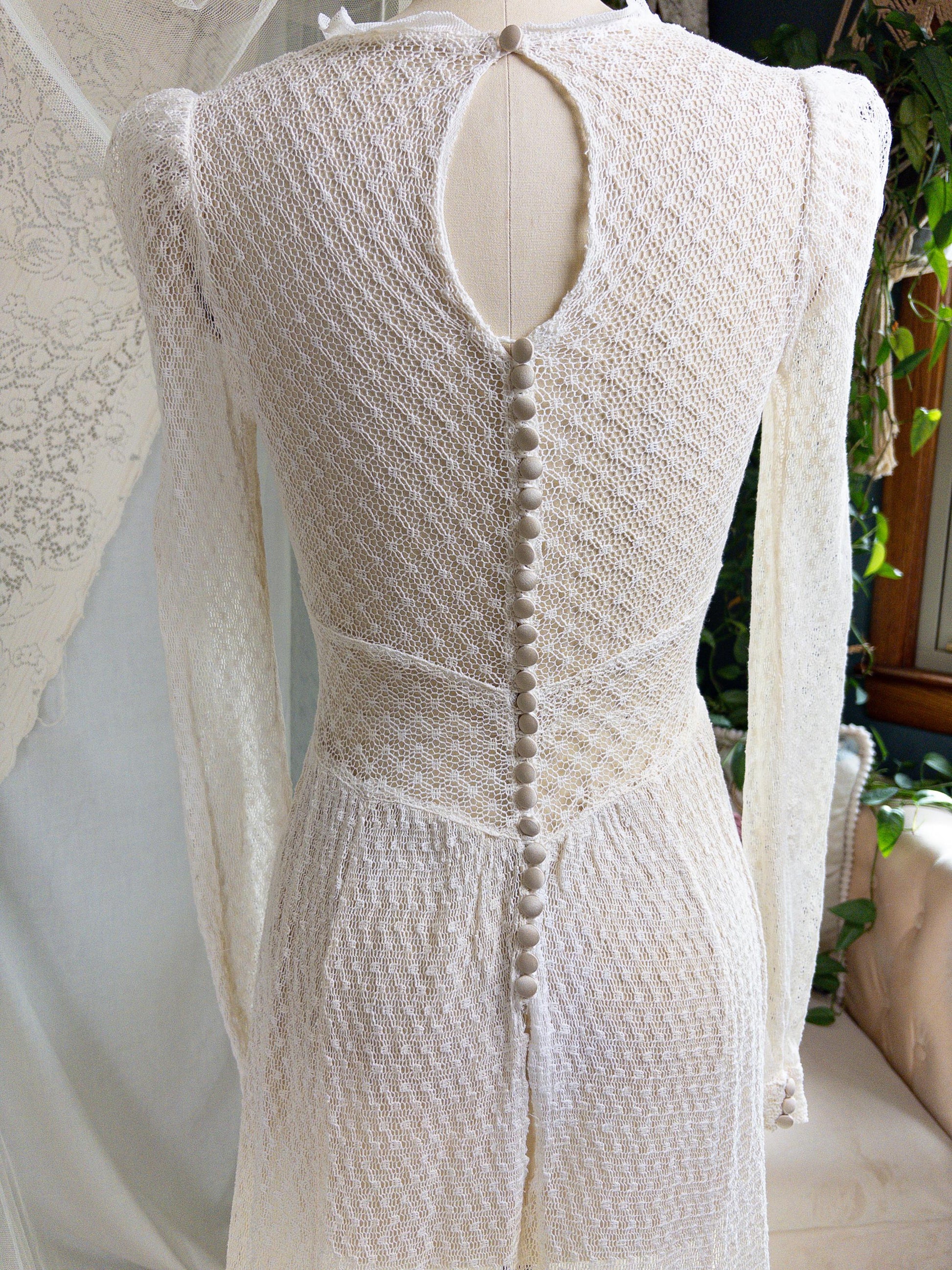 Vintage 1930's - 1940's Wedding Dress - Long Sleeved Ivory Cotton Crochet with Satin Buttons | XS, Small