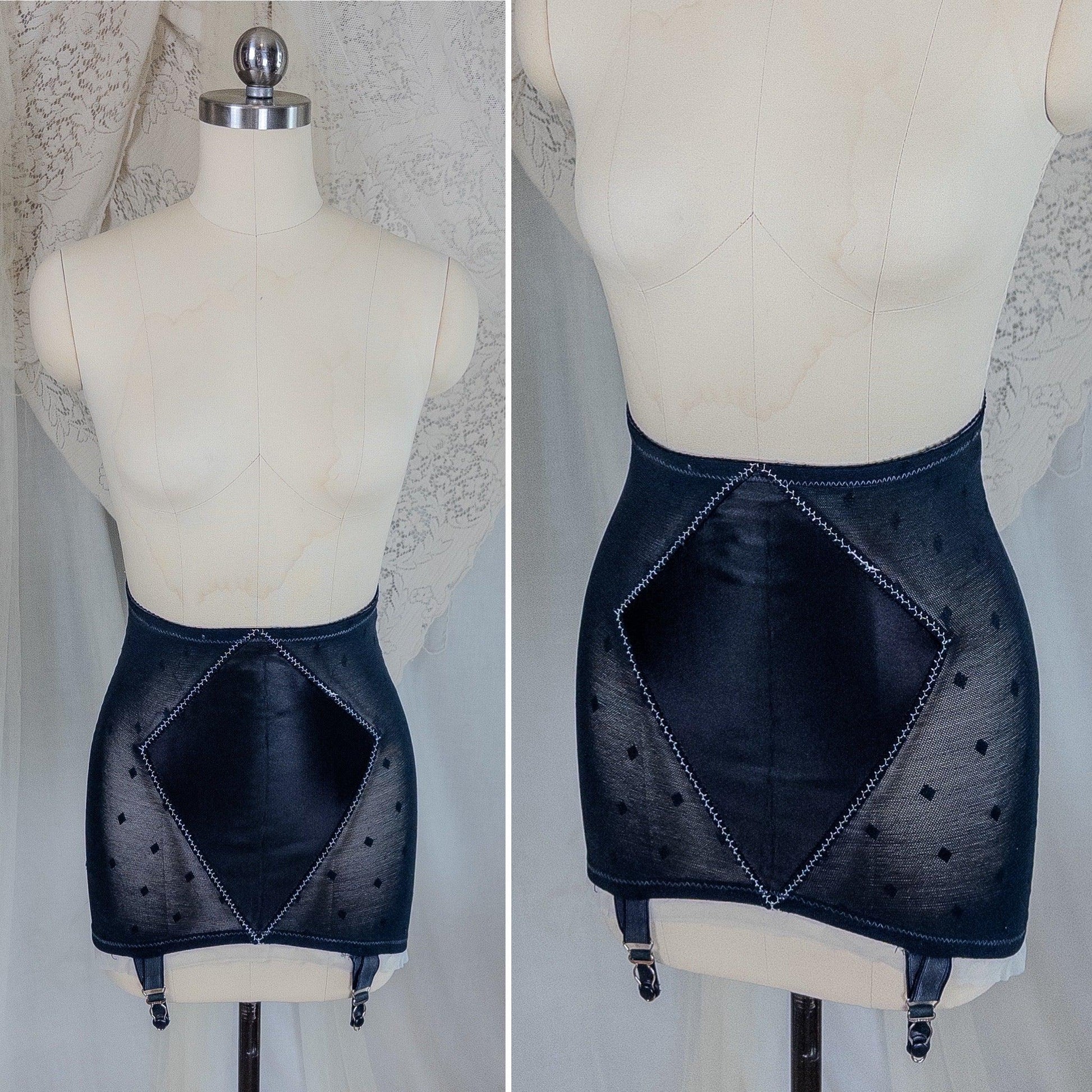 Vintage 1950's Girdle - Black Diamond Print Mesh with Ruffled White Chiffon & Satin Panels by Lily of France, Enhance | XS, Small