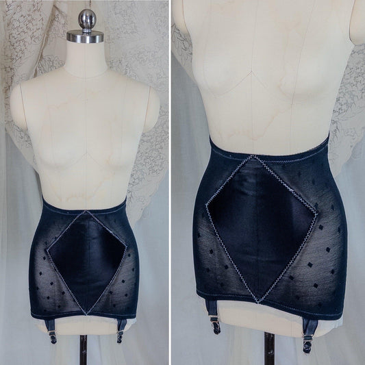 Vintage 1950's Girdle - Black Diamond Print Mesh with Ruffled White Chiffon & Satin Panels by Lily of France, Enhance | XS, Small