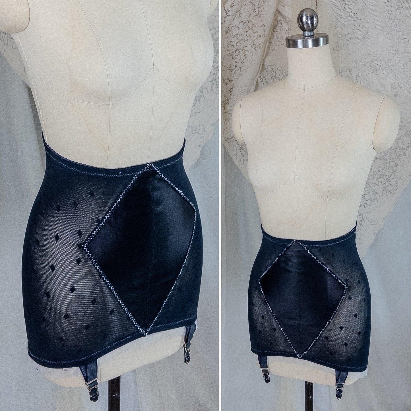 Vintage 1950's Girdle - Black Diamond Print Mesh with Ruffled White Chiffon & Satin Panels by Lily of France, Enhance | XS, Small