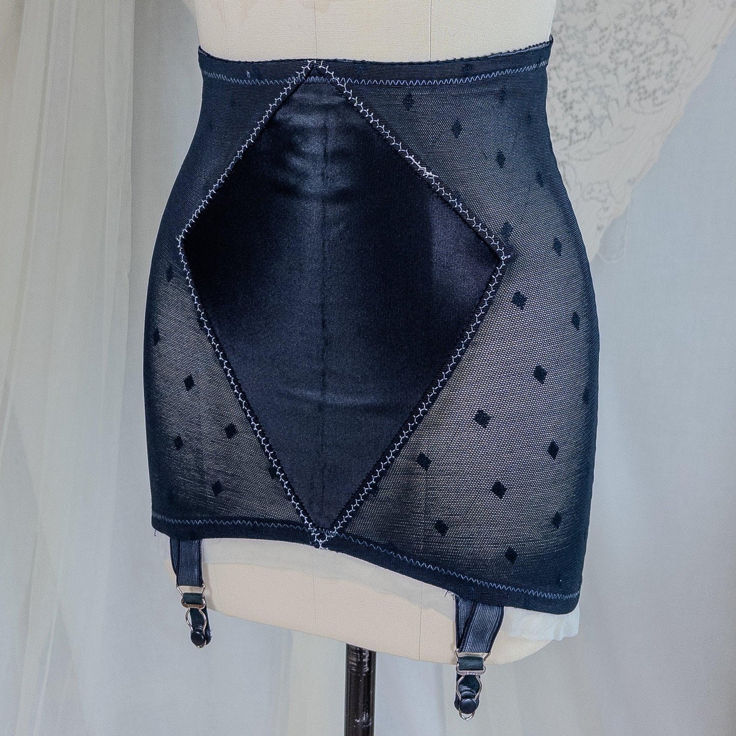 Vintage 1950's Girdle - Black Diamond Print Mesh with Ruffled White Chiffon & Satin Panels by Lily of France, Enhance | XS, Small