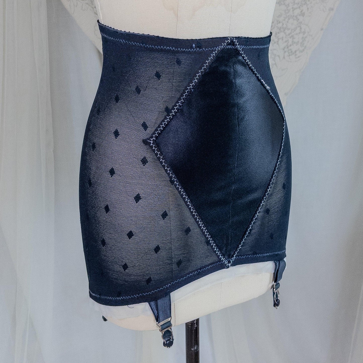 Vintage 1950's Girdle - Black Diamond Print Mesh with Ruffled White Chiffon & Satin Panels by Lily of France, Enhance | XS, Small