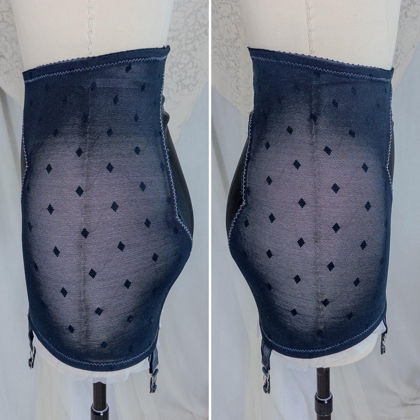 Vintage 1950's Girdle - Black Diamond Print Mesh with Ruffled White Chiffon & Satin Panels by Lily of France, Enhance | XS, Small
