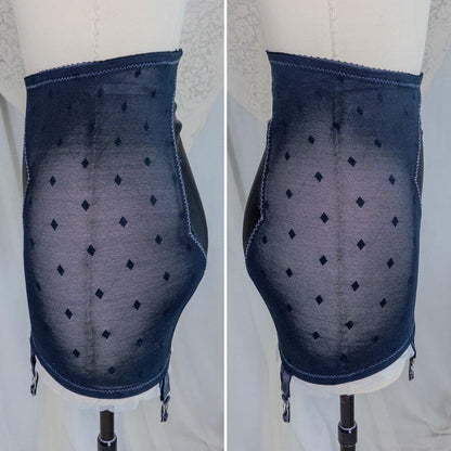Vintage 1950's Girdle - Black Diamond Print Mesh with Ruffled White Chiffon & Satin Panels by Lily of France, Enhance | XS, Small