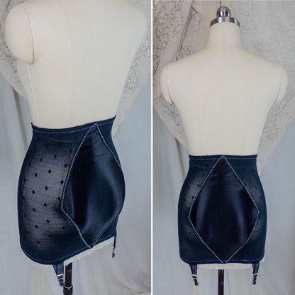 Vintage 1950's Girdle - Black Diamond Print Mesh with Ruffled White Chiffon & Satin Panels by Lily of France, Enhance | XS, Small