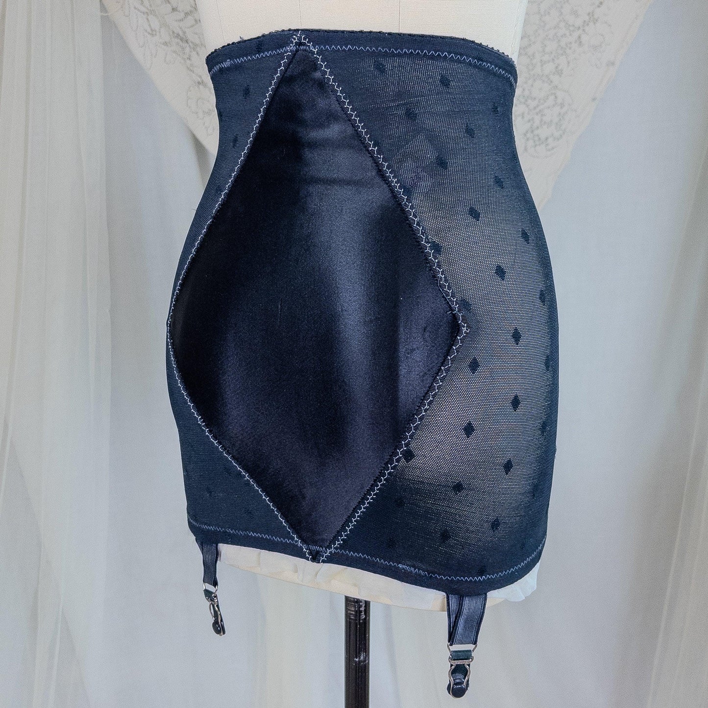 Vintage 1950's Girdle - Black Diamond Print Mesh with Ruffled White Chiffon & Satin Panels by Lily of France, Enhance | XS, Small
