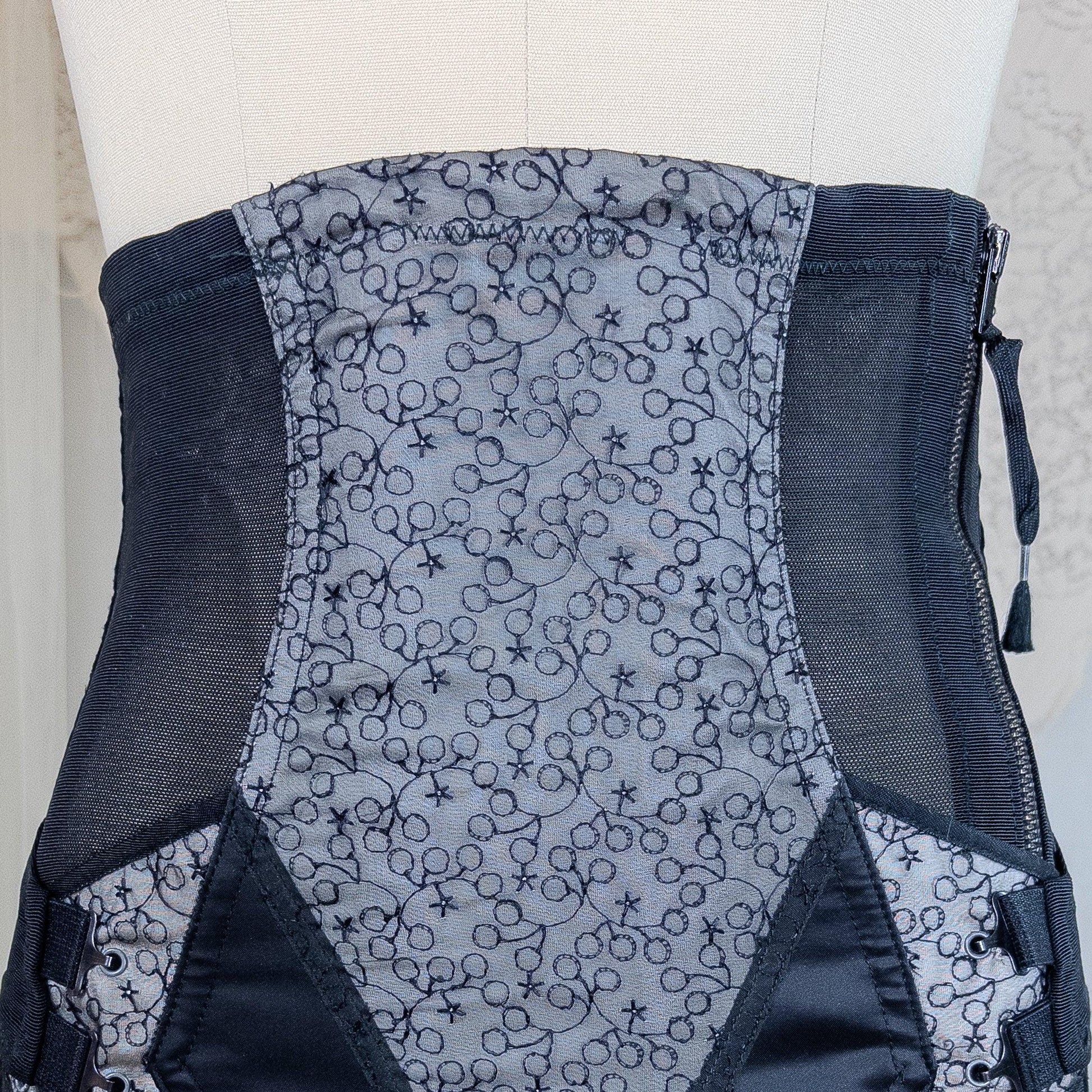 Vintage 1950's Girdle - Black Mesh with Embroidered Chiffon & Rayon Satin Panels by Camp | Small, Medium