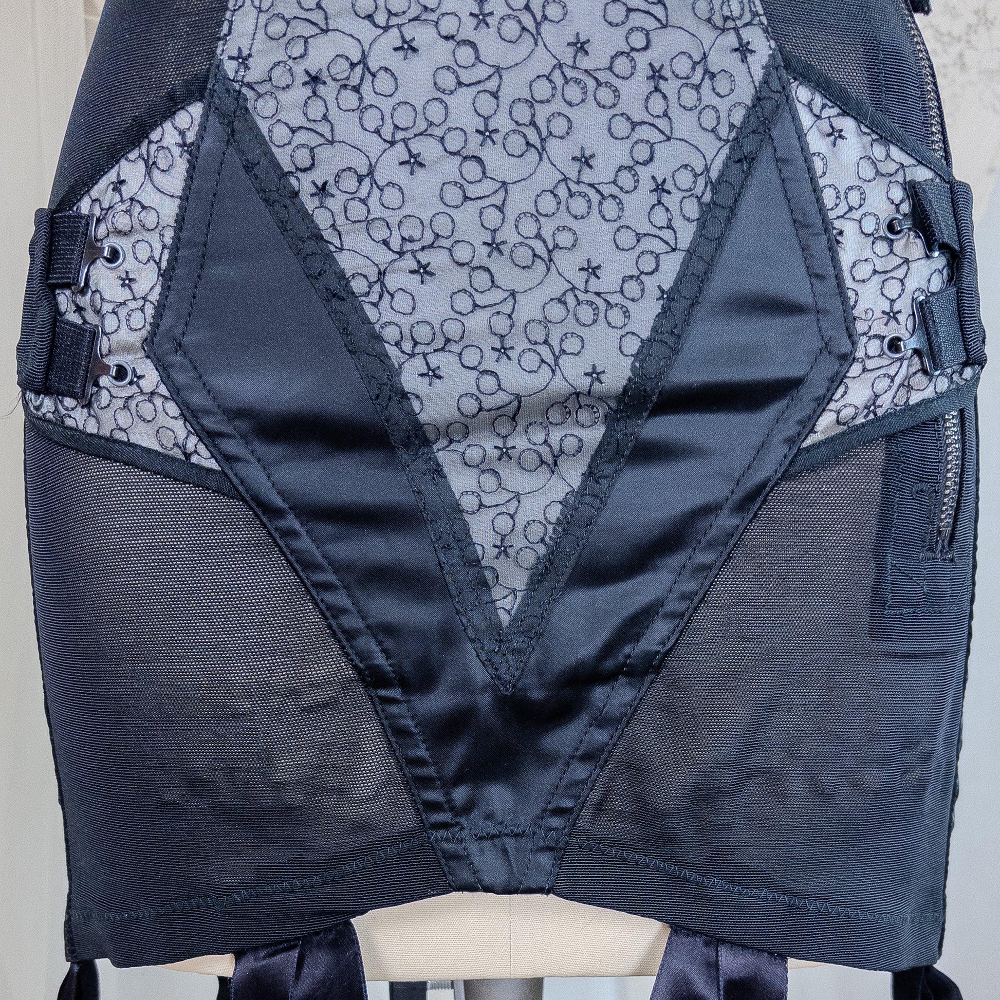 Vintage 1950's Girdle - Black Mesh with Embroidered Chiffon & Rayon Satin Panels by Camp | Small, Medium