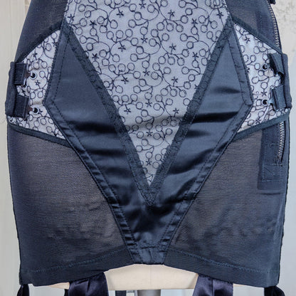 Vintage 1950's Girdle - Black Mesh with Embroidered Chiffon & Rayon Satin Panels by Camp | Small, Medium