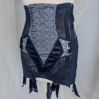 Vintage 1950's Girdle - Black Mesh with Embroidered Chiffon & Rayon Satin Panels by Camp | Small, Medium