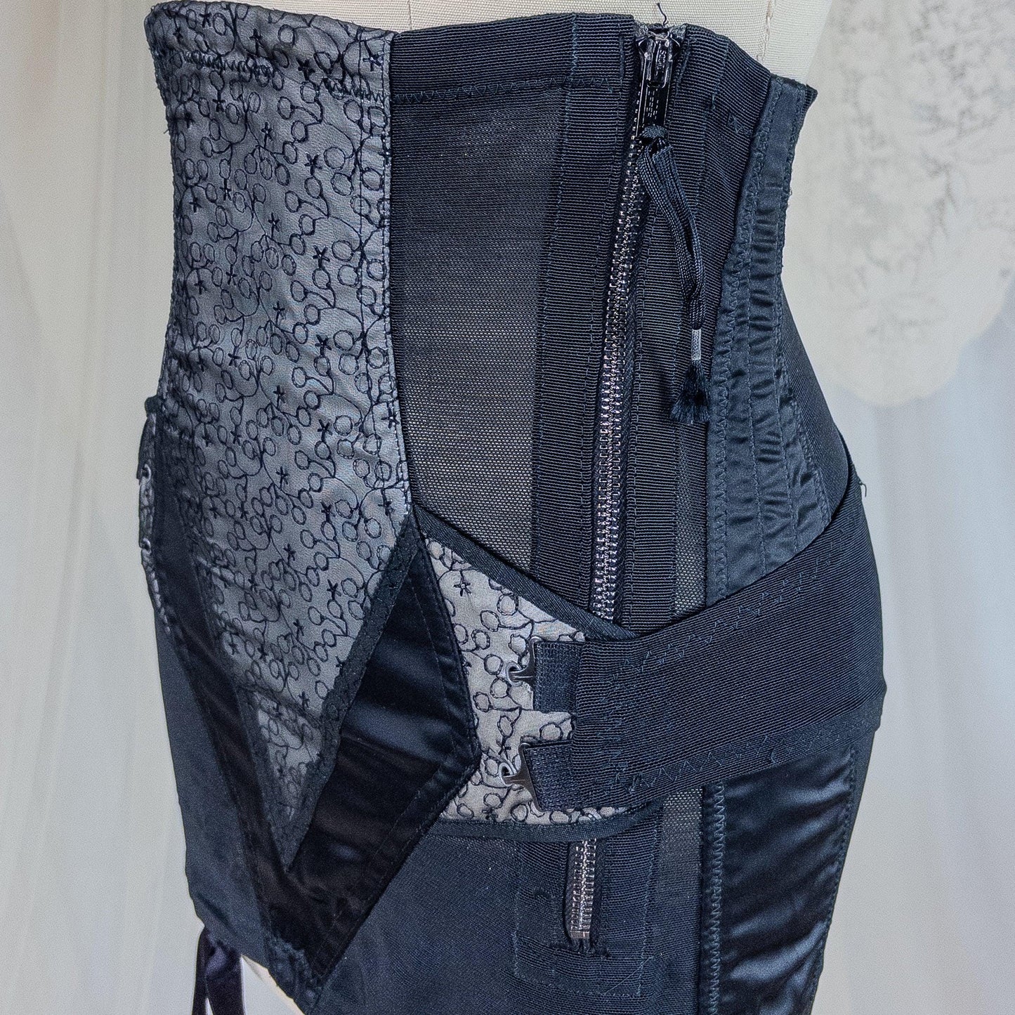 Vintage 1950's Girdle - Black Mesh with Embroidered Chiffon & Rayon Satin Panels by Camp | Small, Medium