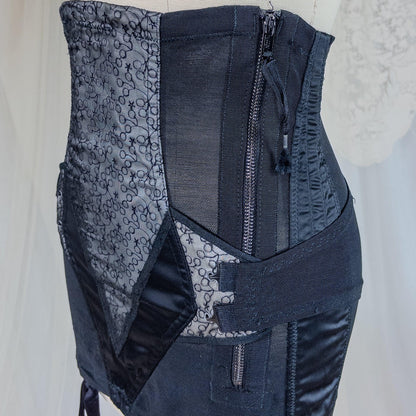 Vintage 1950's Girdle - Black Mesh with Embroidered Chiffon & Rayon Satin Panels by Camp | Small, Medium